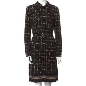 Classic Long-Sleeve Black & Tan Patterned Dress
